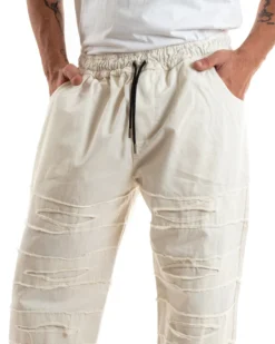 Pantaloni Uomo Denim Jogger Con Rotture Sfrangiato Pantalaccio Con Coulisse Ripped Casual Tinta Unita Panna GIOSAL-P5850A