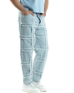 Pantaloni Uomo Jeans Baggy Sfrangiato Denim Chiaro Fondo Largo Ampio GIOSAL-JS1022A