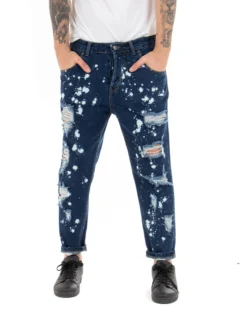 Pantaloni Uomo Jeans Loose Fit Con Rotture Sfrangiato E Macchie Pittura Classico Cinque Tasche Casual Denim Scuro GIOSAL-P5065A
