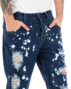 Pantaloni Uomo Jeans Loose Fit Con Rotture Sfrangiato E Macchie Pittura Classico Cinque Tasche Casual Denim Scuro GIOSAL-P5065A