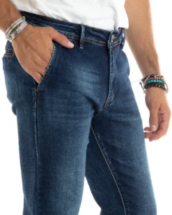 Pantaloni Uomo Jeans Tasche America Slim Fit Denim Blu P5967A