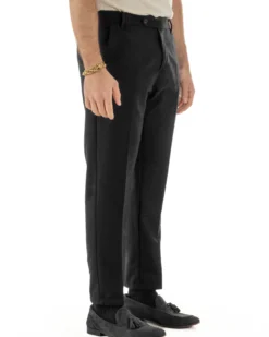 Pantaloni Uomo Lana Abbottonatura Allungata Classico Basic Nero P6434A