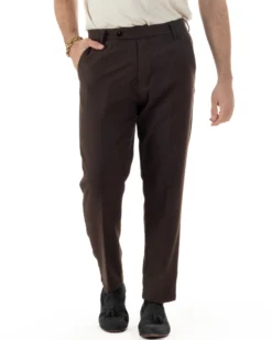 Pantaloni Uomo Lana Abbottonatura Allungata Classico Basic Marrone P6436A