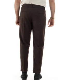 Pantaloni Uomo Lana Abbottonatura Allungata Classico Basic Marrone P6436A