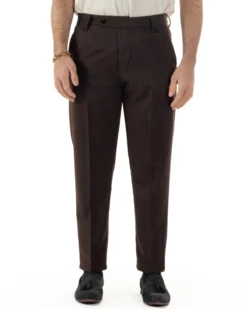 Pantaloni Uomo Lana Abbottonatura Allungata Classico Basic Marrone P6436A