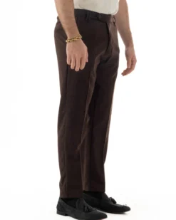 Pantaloni Uomo Lana Abbottonatura Allungata Classico Basic Marrone P6436A