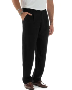 Pantaloni Uomo Lino Baggy Lungo Abbottonatura Allungata Tasche America Pinces Elastico Sul Retro Casual Tinta Unita Nero GIOSAL-P6111A