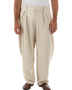 Pantaloni uomo lino baggy wide fit pinces estivo beige GIOSAL-P6521A