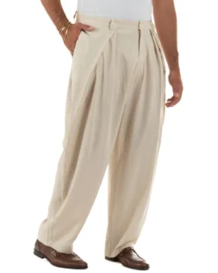 Pantaloni uomo lino baggy wide fit pinces estivo beige GIOSAL-P6521A