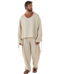 Pantaloni uomo lino baggy wide fit pinces estivo beige GIOSAL-P6521A