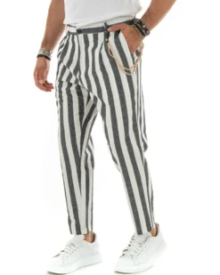 Pantaloni Uomo Lino Elegante Casual Con Catena Con Tasche America Con Elastico Sul Retro Rigato Bicolore Nero GIOSAL-P5882A
