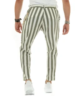 Pantaloni Uomo Lino Elegante Casual Con Catena Con Tasche America Con Elastico Sul Retro Rigato Bicolore Verde GIOSAL-P5881A