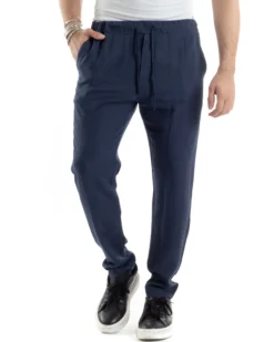 Pantaloni Uomo Lino Pantalaccio Elastico Morbido Basic Regular Fit Blu P6099A