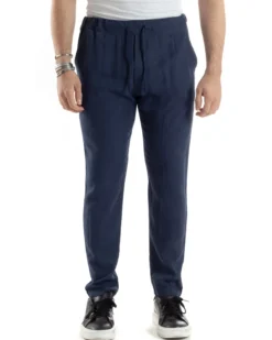 Pantaloni Uomo Lino Pantalaccio Elastico Morbido Basic Regular Fit Blu P6099A