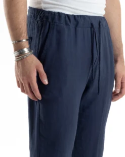 Pantaloni Uomo Lino Pantalaccio Elastico Morbido Basic Regular Fit Blu P6099A