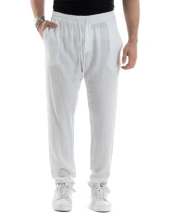 Pantaloni Uomo Lino Pantalaccio Elastico Morbido Basic Regular Fit Bianco P6095A