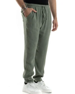 Pantaloni Uomo Lino Pantalaccio Elastico Morbido Basic Regular Fit Verde P6097A