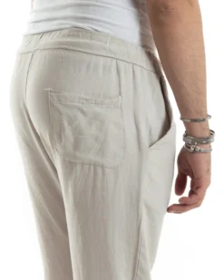 Pantaloni Uomo Lino Pantalaccio Elastico Morbido Basic Regular Fit Beige P6098A