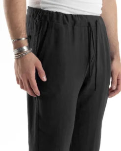 Pantaloni Uomo Lino Pantalaccio Elastico Morbido Basic Regular Fit Nero P6096A