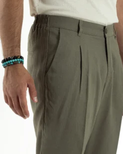 Pantaloni uomo lino sartoriale pinces tasche america elastico verde militare GIOSAL-P6323A