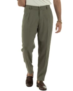 Pantaloni uomo lino sartoriale pinces tasche america elastico verde militare GIOSAL-P6323A