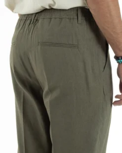 Pantaloni uomo lino sartoriale pinces tasche america elastico verde militare GIOSAL-P6323A