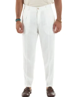 Pantaloni uomo lino sartoriale pinces tasche america elastico bianco GIOSAL-P6325A