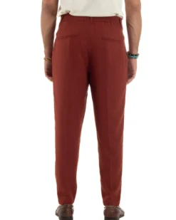 Pantaloni uomo lino sartoriale pinces tasche america elastico mattone GIOSAL-P6324A