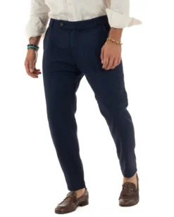 Pantaloni uomo lino sartoriale abbottonatura allungata blu P6326A