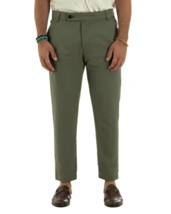 Pantaloni uomo lino sartoriale abbottonatura allungata verde militare P6330A