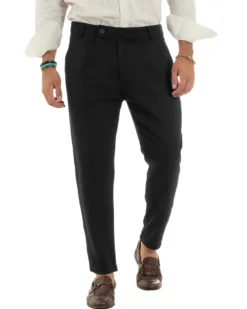 Pantaloni uomo lino sartoriale abbottonatura allungata nero P6328A