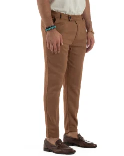Pantaloni uomo lino sartoriale abbottonatura allungata camel P6331A