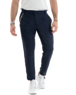 Pantaloni Uomo Lino Tasche America Pinces Classico Sartoriale Blu GIOSAL-P5790A