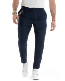 Pantaloni Uomo Lino Tasche America Pinces Classico Sartoriale Blu GIOSAL-P5790A