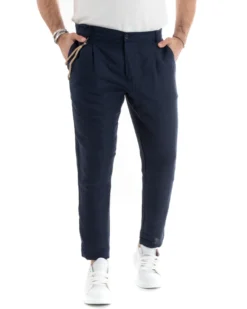 Pantaloni Uomo Lino Tasche America Pinces Classico Sartoriale Blu GIOSAL-P5790A