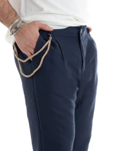 Pantaloni Uomo Lino Tasche America Pinces Classico Sartoriale Blu GIOSAL-P5790A