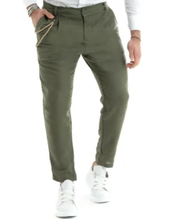 Pantaloni Uomo Lino Tasche America Pinces Classico Sartoriale Verde Militare GIOSAL-P5789A