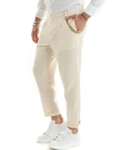 Pantaloni Uomo Lino Tasche America Pinces Classico Sartoriale Beige GIOSAL-P5788A