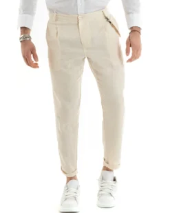 Pantaloni Uomo Lino Tasche America Pinces Classico Sartoriale Beige GIOSAL-P5788A