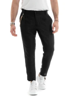 Pantaloni Uomo Lino Tasche America Pinces Classico Sartoriale Nero GIOSAL-P5791A