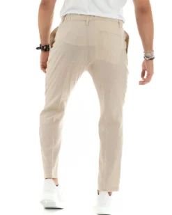 Pantaloni uomo lino tasche america elastico sul retro pinces laccio beige GIOSAL-P5836A