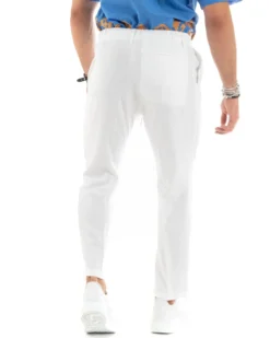 Pantaloni uomo lino tasche america elastico sul retro pinces laccio bianco GIOSAL-P5833A