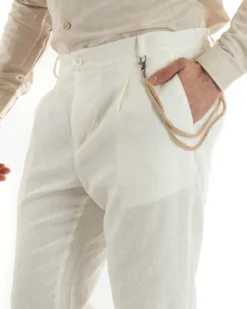 Pantaloni Uomo Lino Tasche America Pinces Classico Sartoriale Bianco GIOSAL-P5792A