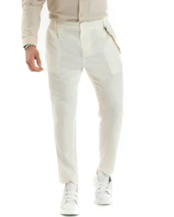 Pantaloni Uomo Lino Tasche America Pinces Classico Sartoriale Bianco GIOSAL-P5792A