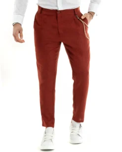 Pantaloni Uomo Lino Tasche America Pinces Classico Sartoriale Mattone GIOSAL-P5793A