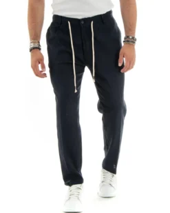 Pantaloni uomo lino tasche america elastico sul retro pinces laccio blu GIOSAL-P5837A