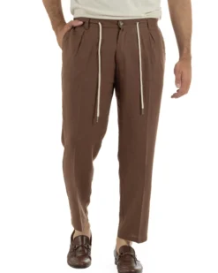 Pantaloni uomo lino tasche america elastico sul retro pinces laccio marrone GIOSAL-P6498A