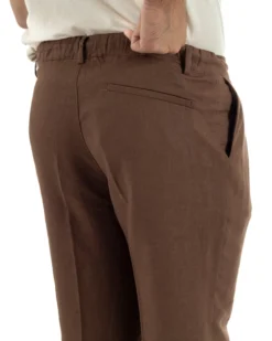 Pantaloni uomo lino tasche america elastico sul retro pinces laccio marrone GIOSAL-P6498A