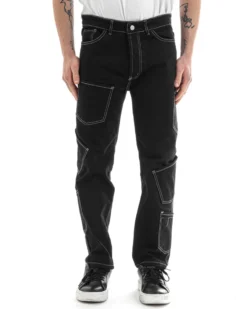 Pantaloni Uomo Lungo Cargo Jeans Nero Tasche Straight Fit GIOSAL-P5662A