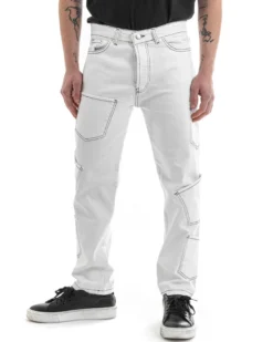 Pantaloni Uomo Lungo Cargo Jeans Bianco Tasche Straight Fit GIOSAL-P5661A